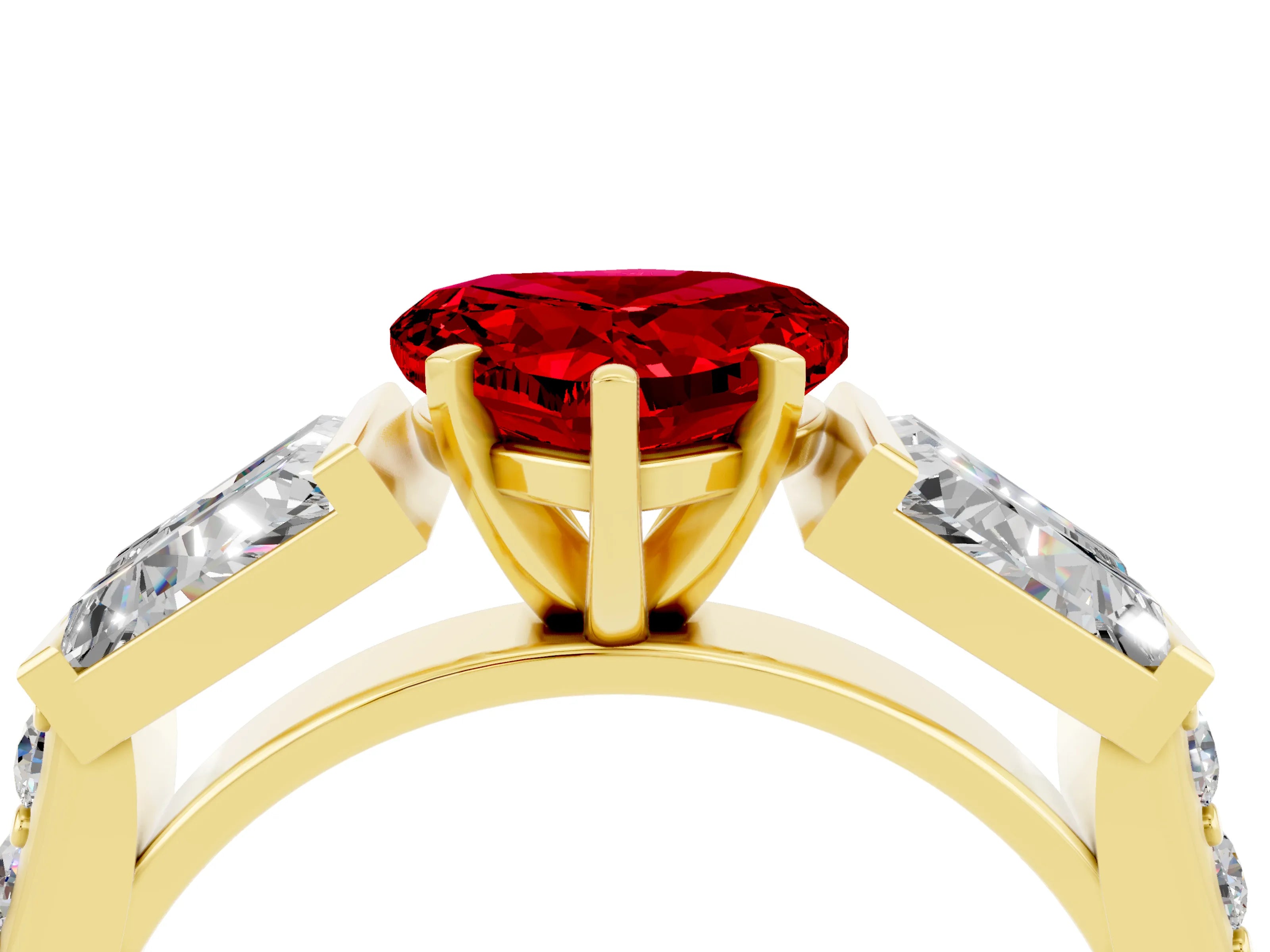 Yellow gold Heart Cut Ruby Engagement Ring with Baguette Side Stones and Channel Set Band_4