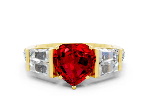 Yellow gold Heart Cut Ruby Engagement Ring with Baguette Side Stones and Channel Set Band