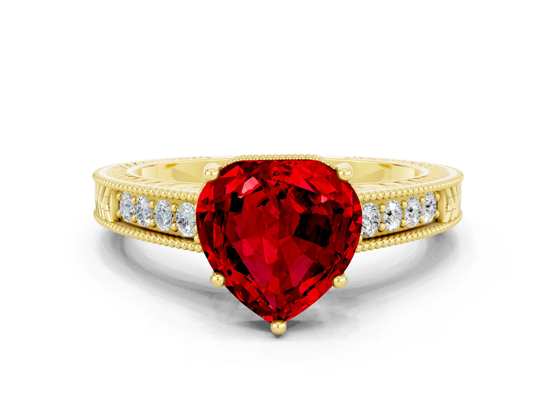 Yellow gold Heart Cut Ruby Engagement Ring with Milgrain Channel Set Band and Prong Setting