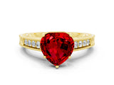 Yellow gold Heart Cut Ruby Engagement Ring with Milgrain Channel Set Band and Prong Setting