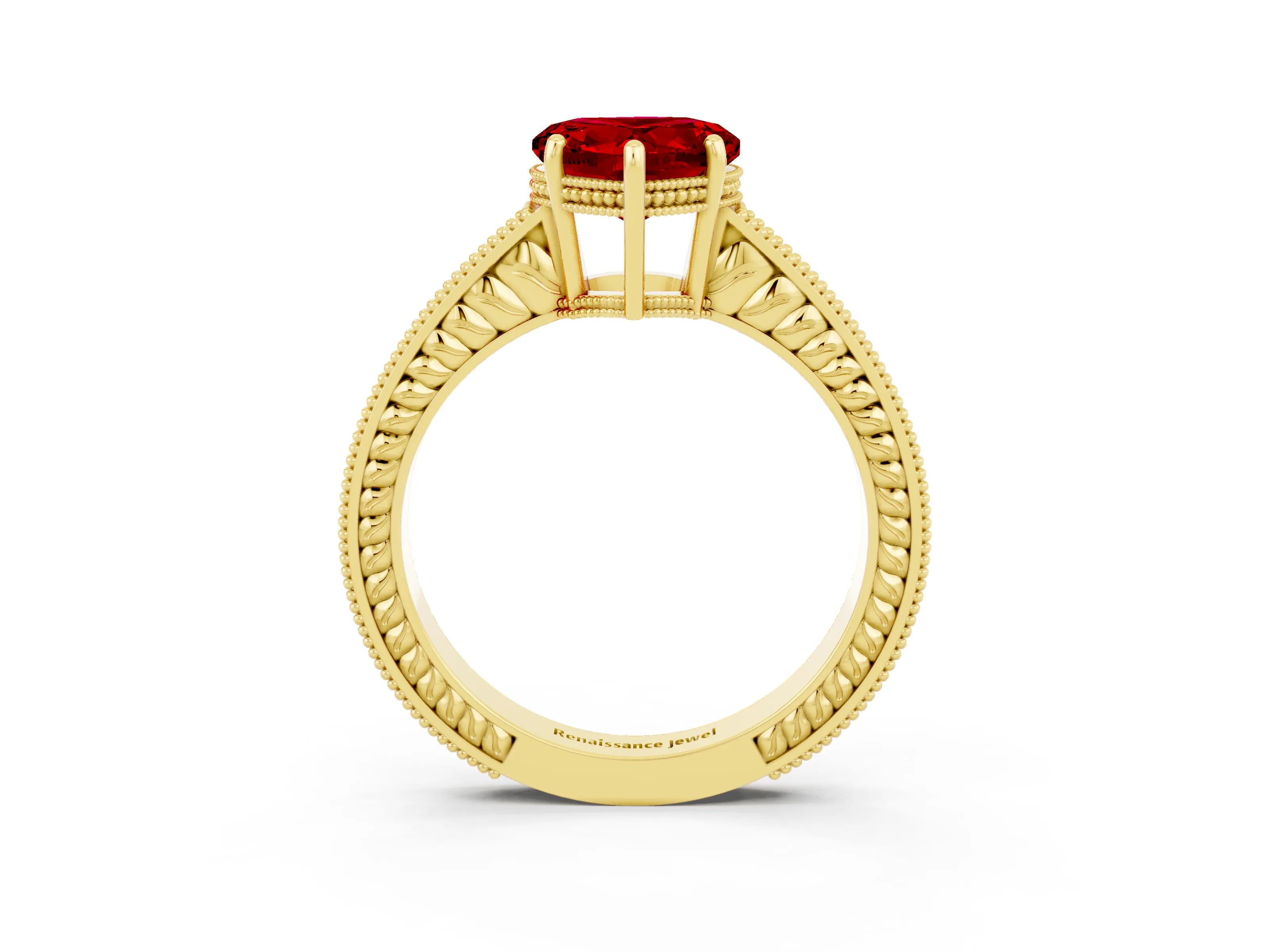 Yellow gold Heart Cut Ruby Engagement Ring with Milgrain Channel Set Band and Prong Setting_3