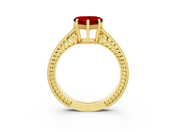 Yellow gold Heart Cut Ruby Engagement Ring with Milgrain Channel Set Band and Prong Setting