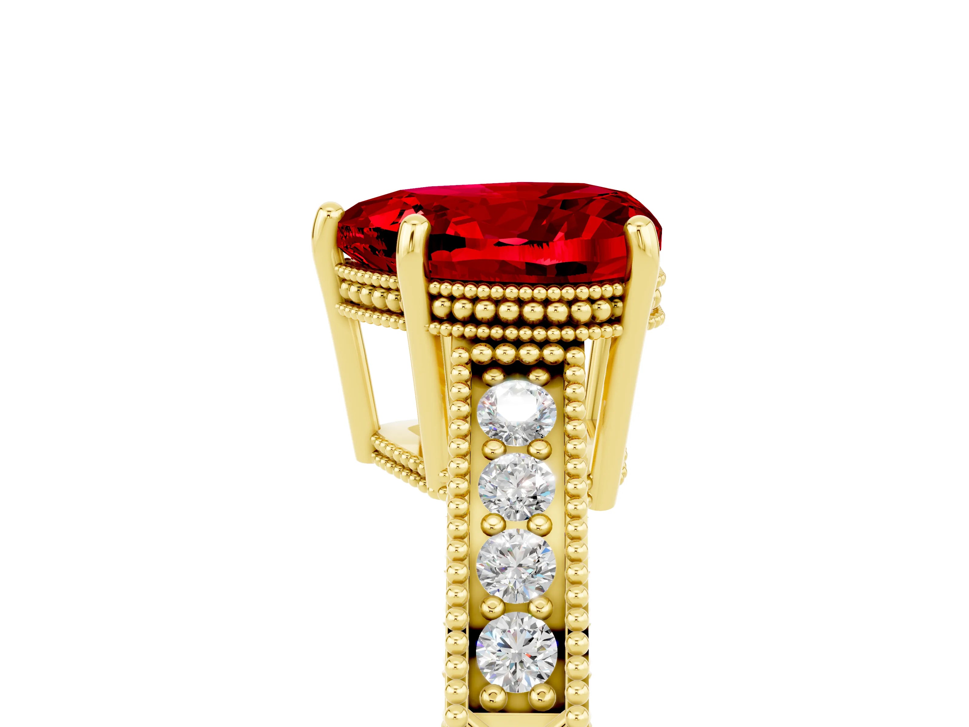 Yellow gold Heart Cut Ruby Engagement Ring with Milgrain Channel Set Band and Prong Setting_5