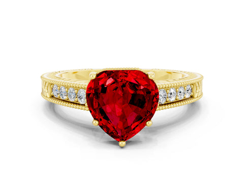 Yellow gold Heart Cut Ruby Engagement Ring with Milgrain Channel Set Band and Prong Setting