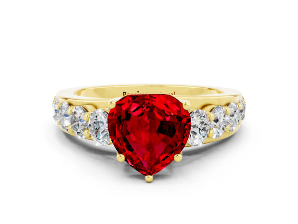 Yellow gold Heart Cut Ruby Engagement Ring with Pavé Band and Four-Prong Setting