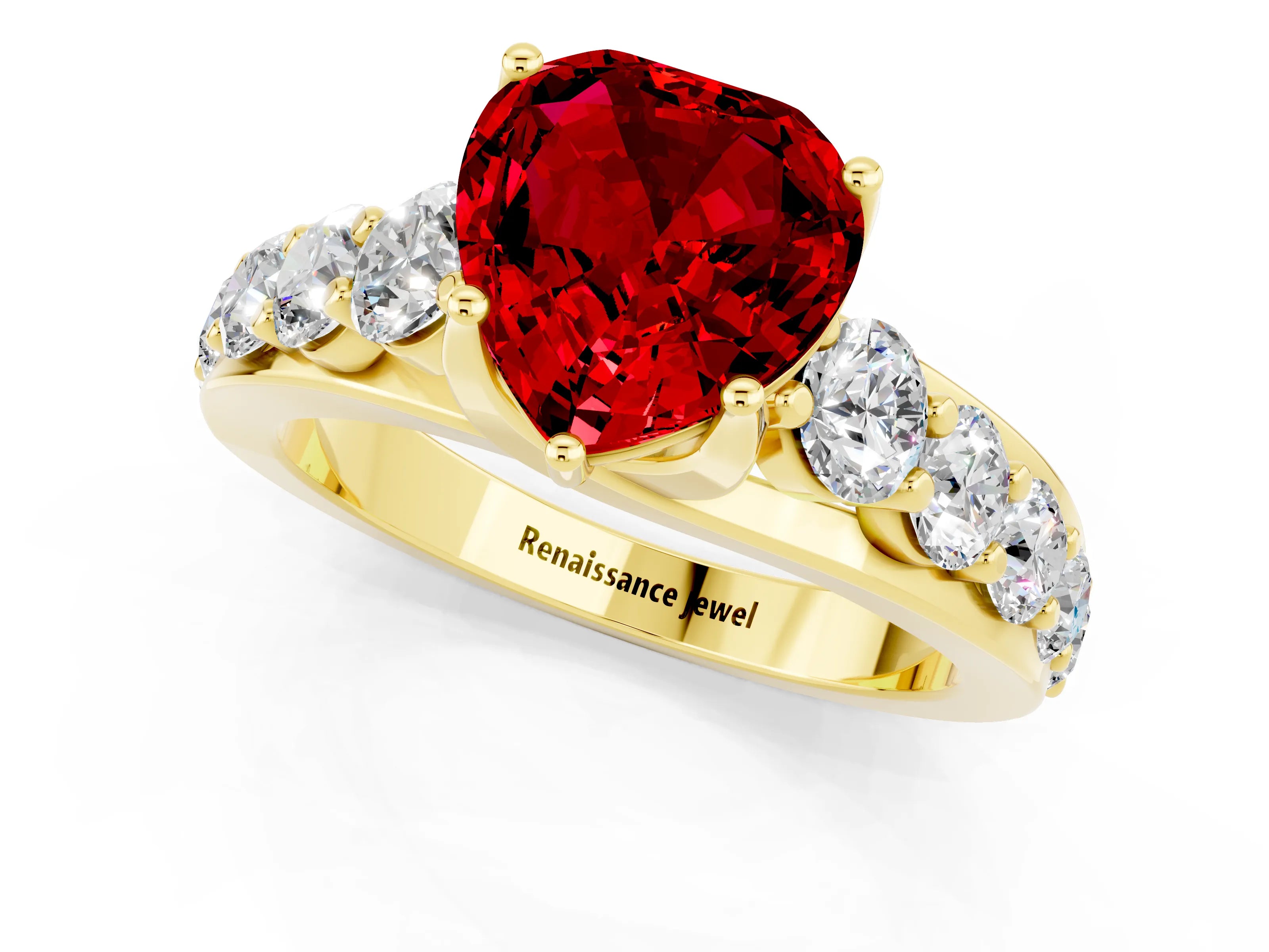 Yellow gold Heart Cut Ruby Engagement Ring with Pavé Band and Four-Prong Setting_1
