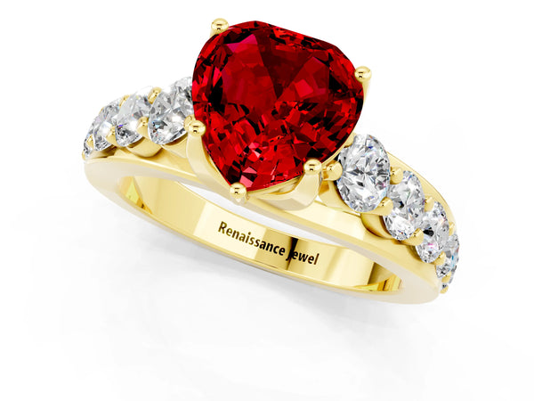 Yellow gold Heart Cut Ruby Engagement Ring with Pavé Band and Four-Prong Setting