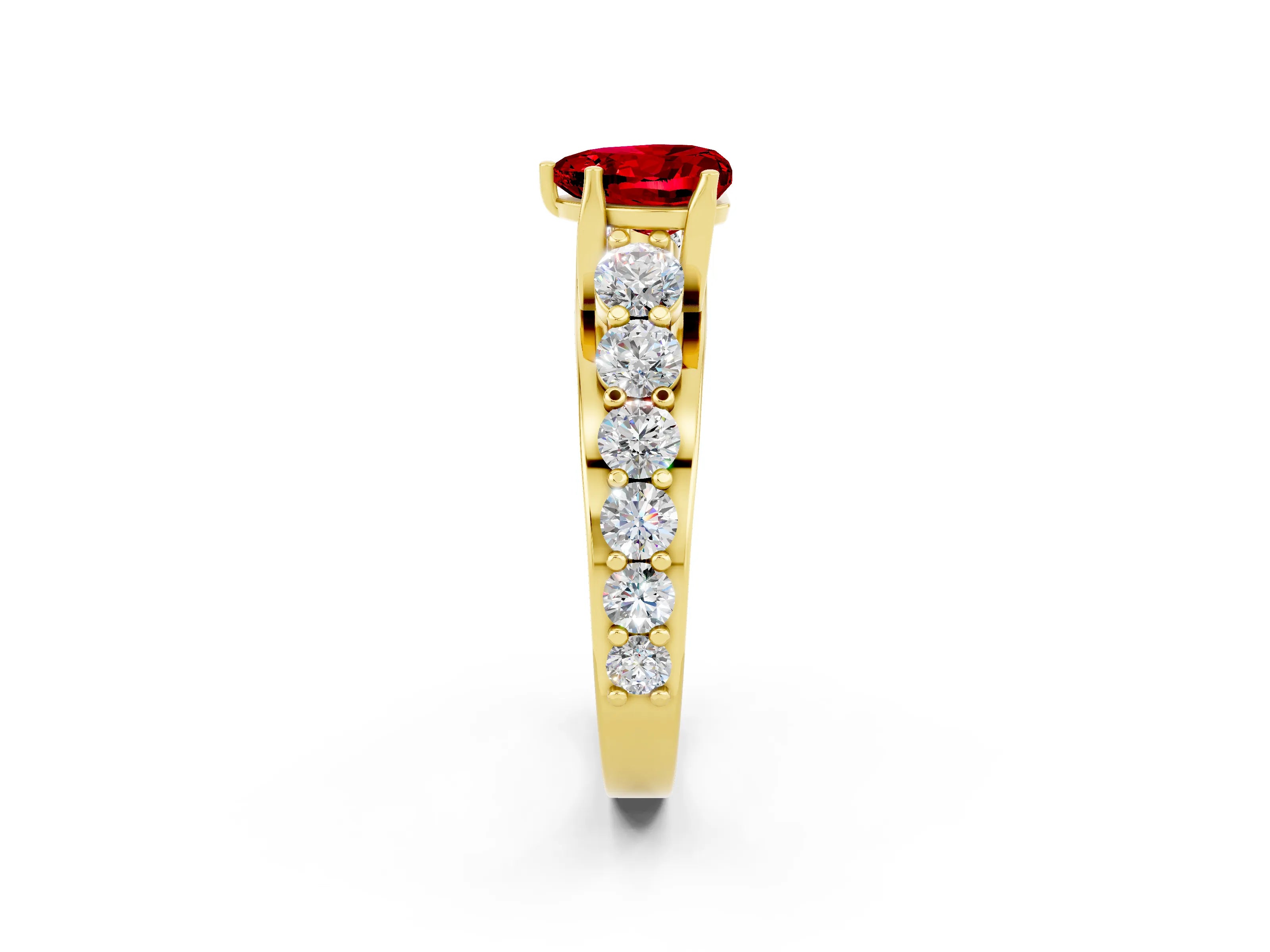 Yellow gold Heart Cut Ruby Engagement Ring with Pavé Band and Four-Prong Setting_2