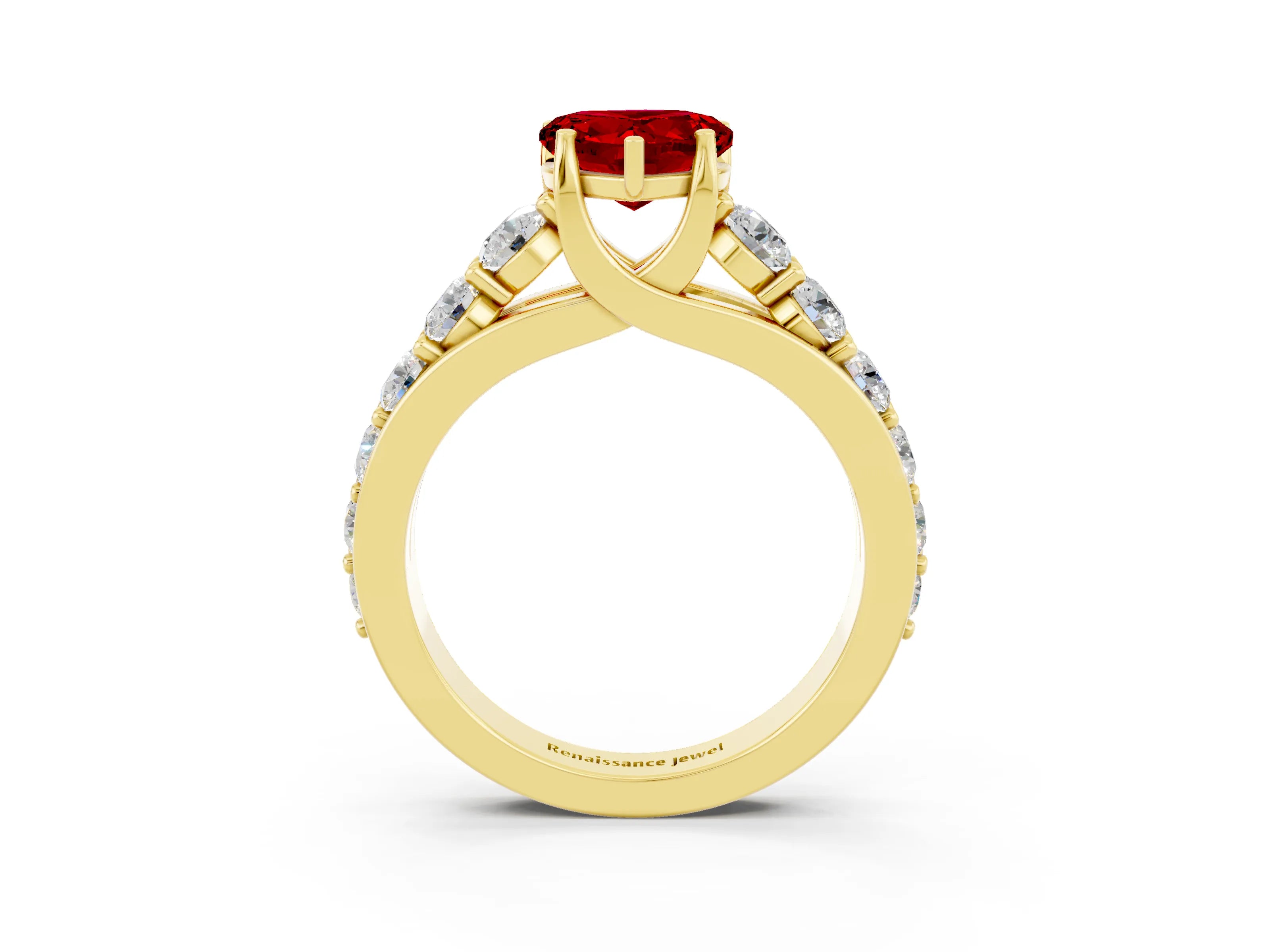 Yellow gold Heart Cut Ruby Engagement Ring with Pavé Band and Four-Prong Setting_3