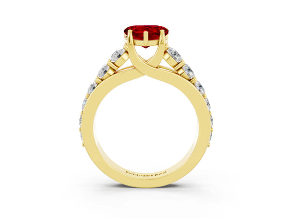 Yellow gold Heart Cut Ruby Engagement Ring with Pavé Band and Four-Prong Setting
