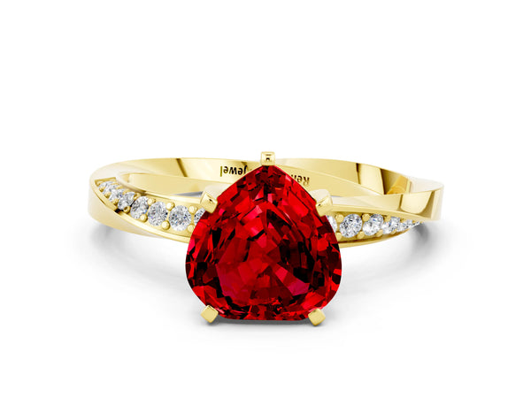 Yellow gold Heart Cut Ruby Engagement Ring with Side Stone Accents and Four-Prong Setting