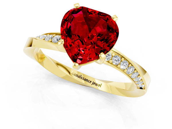 Yellow gold Heart Cut Ruby Engagement Ring with Side Stone Accents and Four-Prong Setting