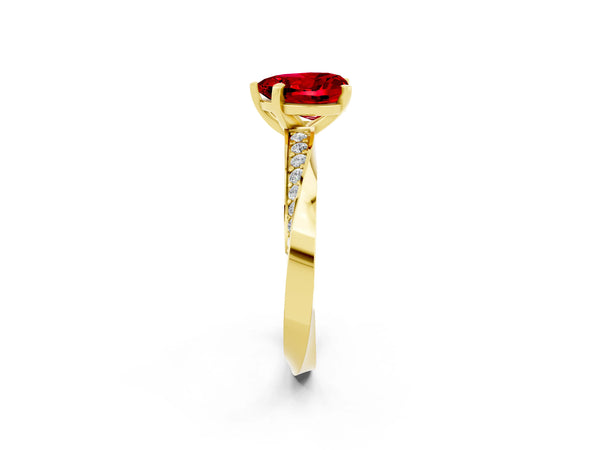 Yellow gold Heart Cut Ruby Engagement Ring with Side Stone Accents and Four-Prong Setting