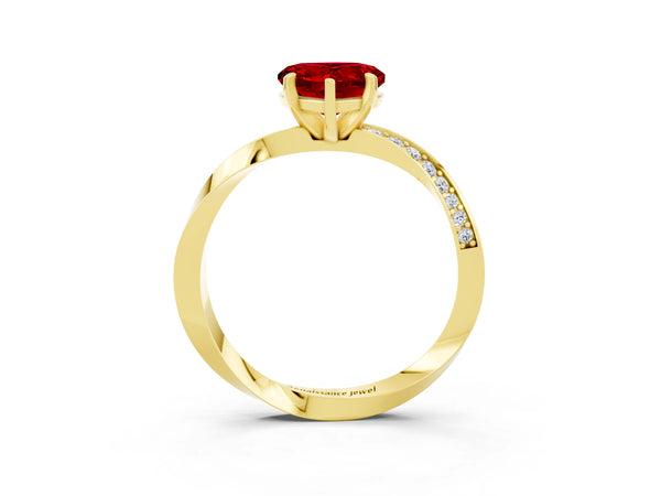 Yellow gold Heart Cut Ruby Engagement Ring with Side Stone Accents and Four-Prong Setting