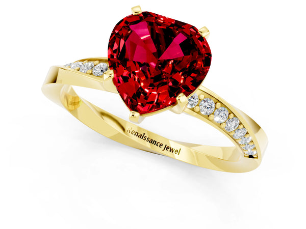 Yellow gold Heart Cut Ruby Engagement Ring with Side Stone Accents and Four-Prong Setting
