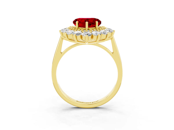 Yellow Gold Heart-Shaped Lab-Grown Ruby Floral Double Halo Engagement Ring with Plain Band