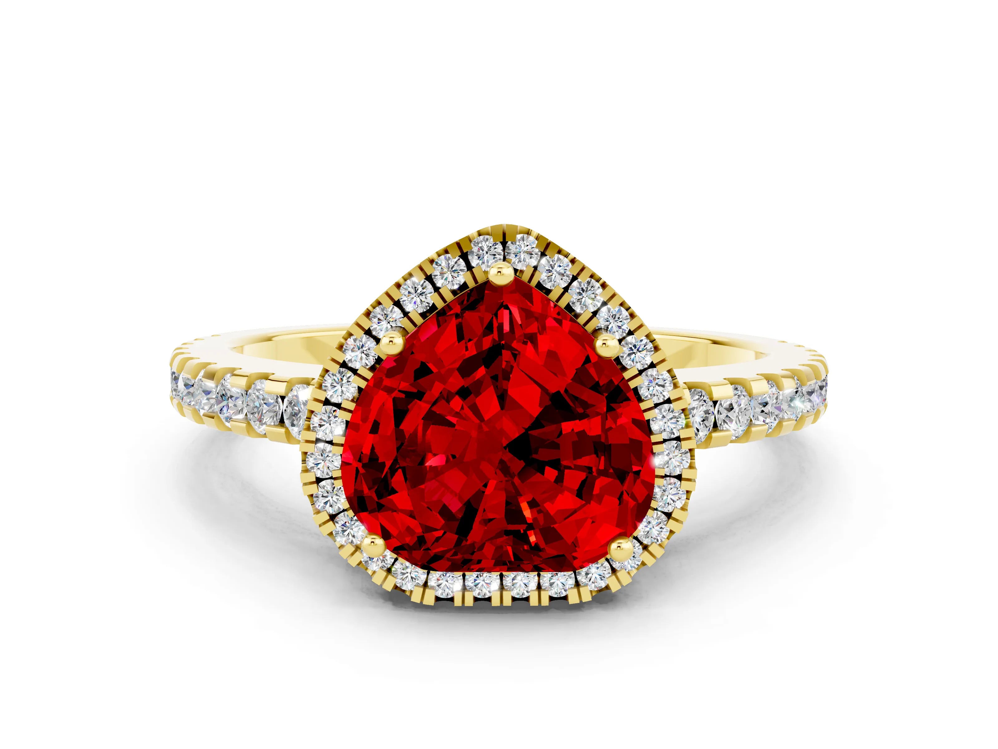 Yellow gold Heart Cut Ruby Halo Engagement Ring with Pavé Band and Prong Setting_12