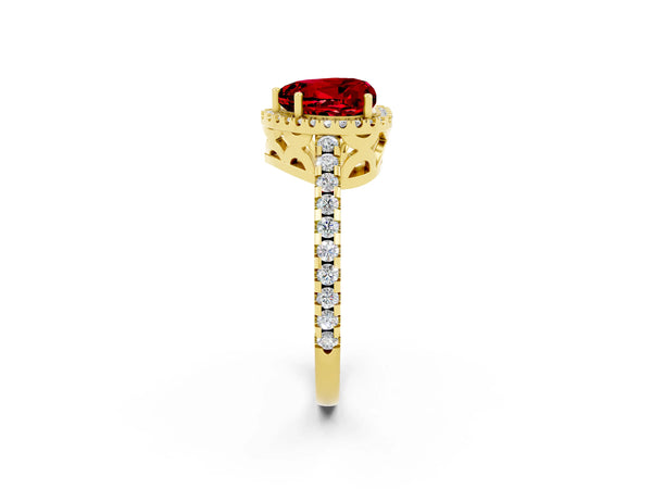 Yellow gold Heart Cut Ruby Halo Engagement Ring with Pavé Band and Prong Setting