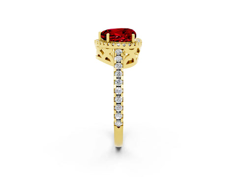 Yellow gold Heart Cut Ruby Halo Engagement Ring with Pavé Band and Prong Setting_14