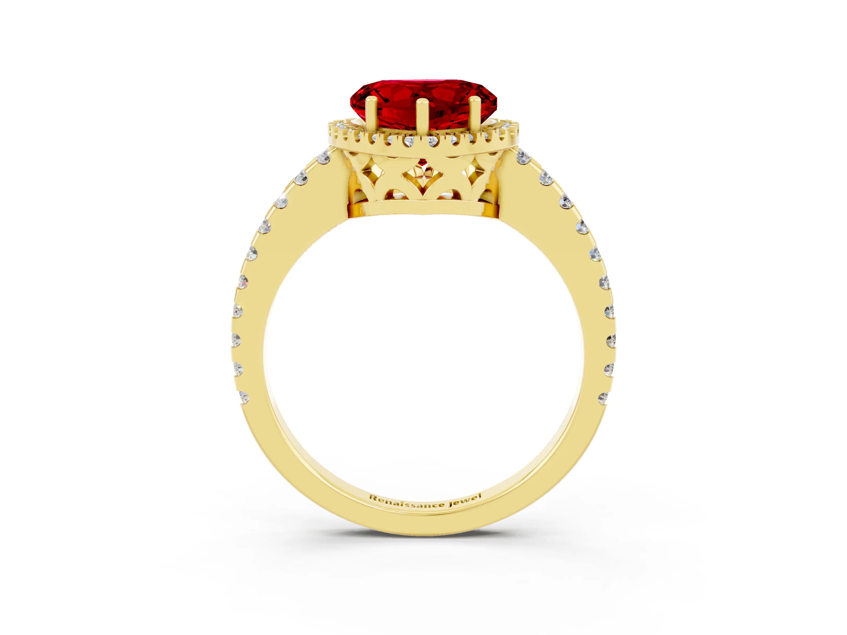 Yellow gold Heart Cut Ruby Halo Engagement Ring with Pavé Band and Prong Setting_15