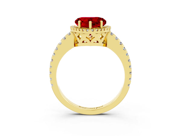 Yellow gold Heart Cut Ruby Halo Engagement Ring with Pavé Band and Prong Setting