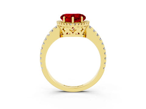 Yellow gold Heart Cut Ruby Halo Engagement Ring with Pavé Band and Prong Setting_15