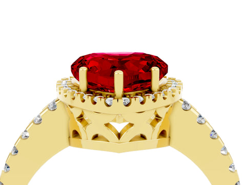 Yellow gold Heart Cut Ruby Halo Engagement Ring with Pavé Band and Prong Setting_16