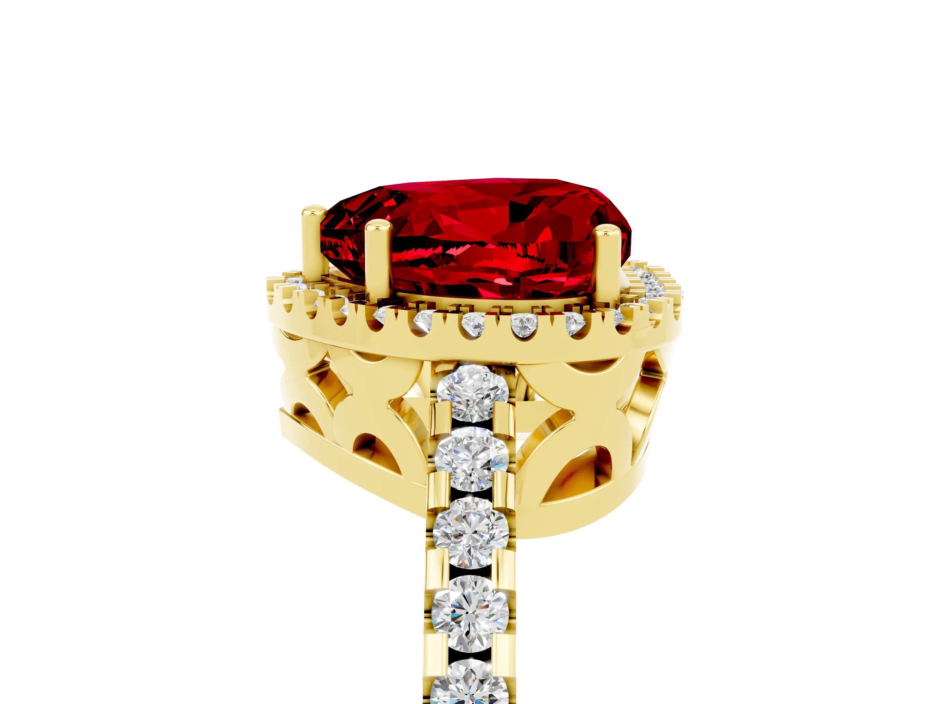 Yellow gold Heart Cut Ruby Halo Engagement Ring with Pavé Band and Prong Setting_17