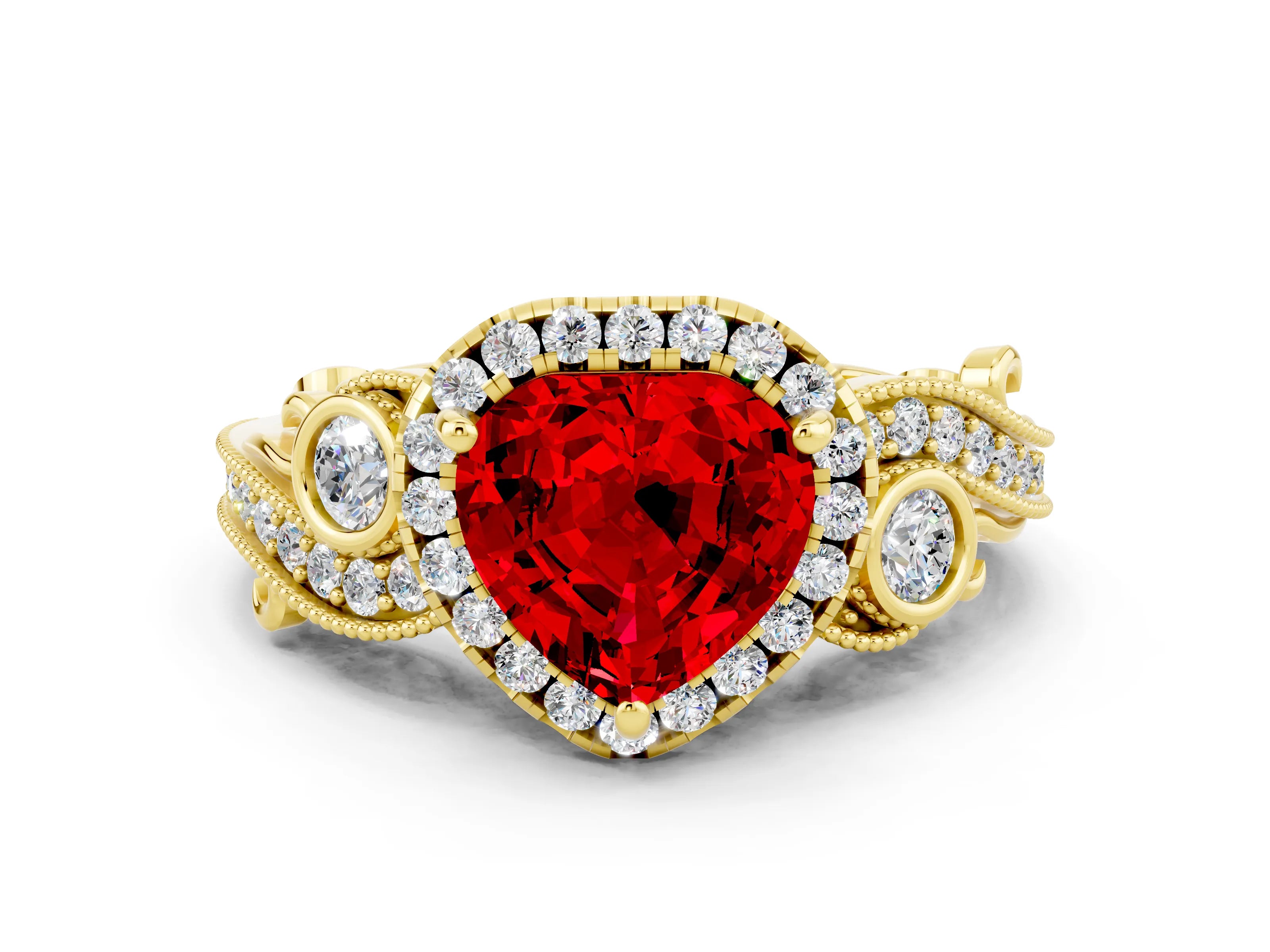 Yellow gold Heart Cut Ruby Halo Ring with Milgrain Pavé Band and Four-Prong Setting_12