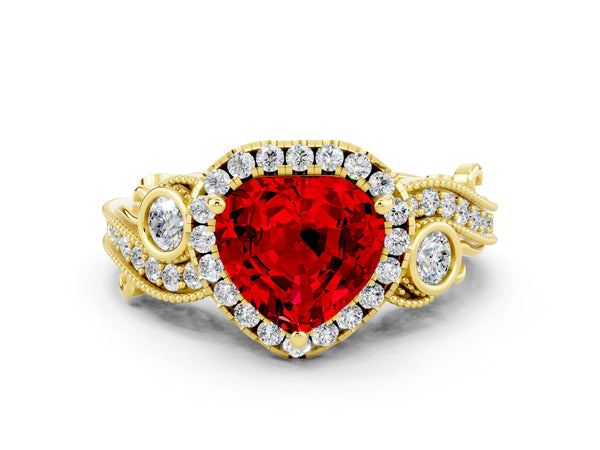 Yellow gold Heart Cut Ruby Halo Ring with Milgrain Pavé Band and Four-Prong Setting