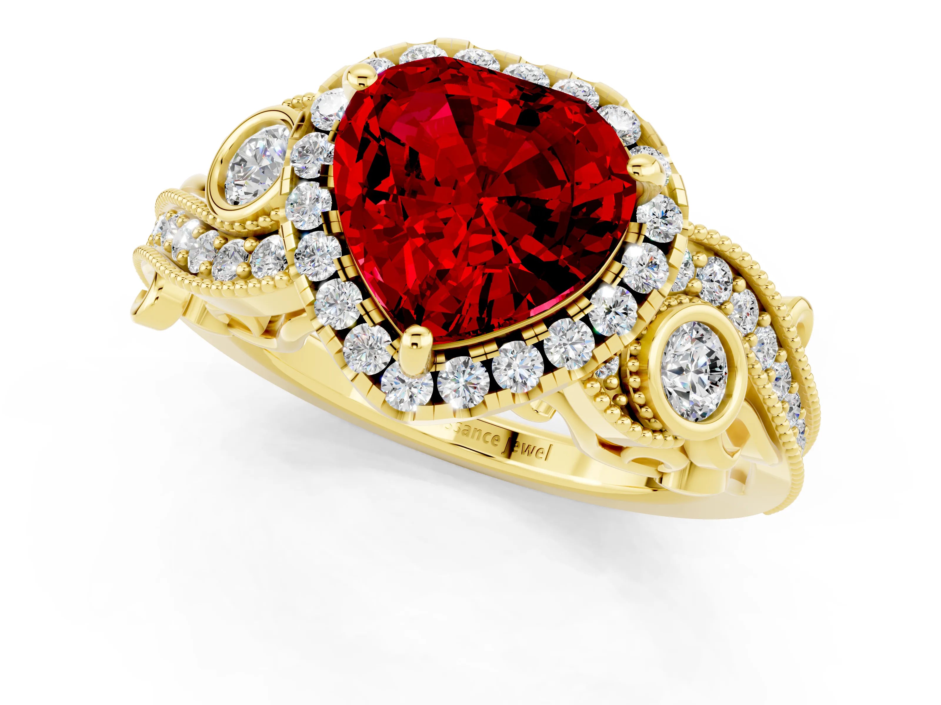 Yellow gold Heart Cut Ruby Halo Ring with Milgrain Pavé Band and Four-Prong Setting_13