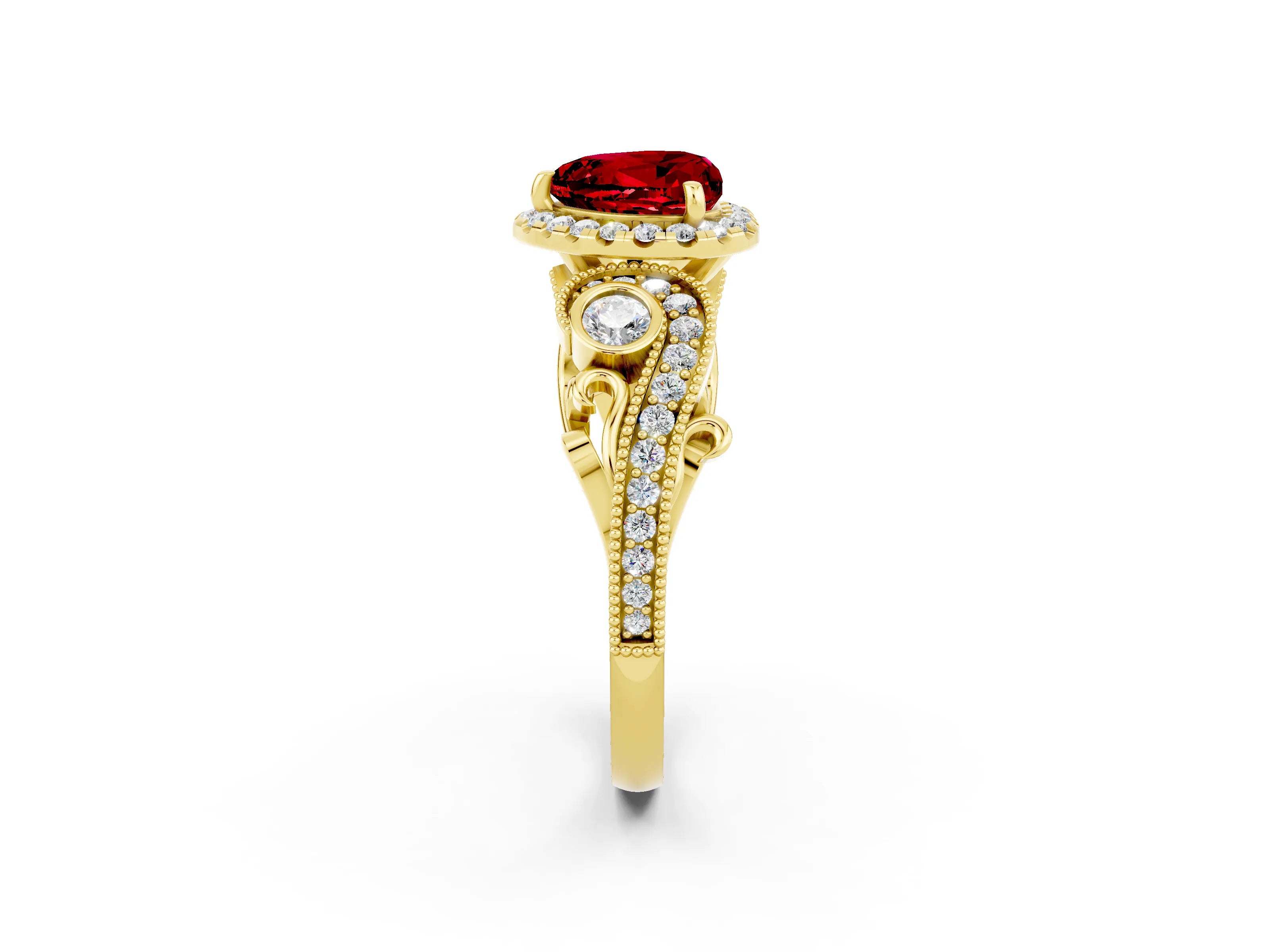 Yellow gold Heart Cut Ruby Halo Ring with Milgrain Pavé Band and Four-Prong Setting_14