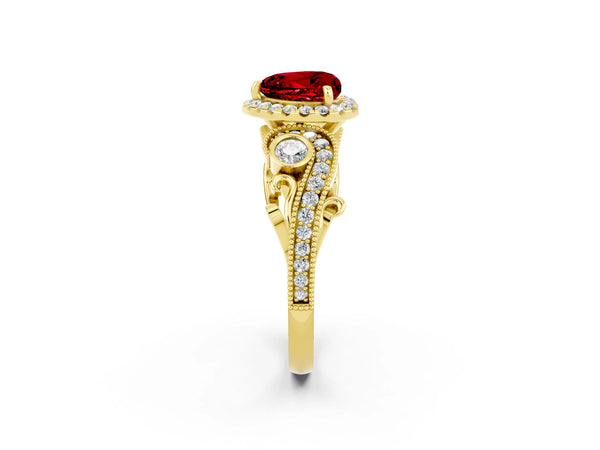 Yellow gold Heart Cut Ruby Halo Ring with Milgrain Pavé Band and Four-Prong Setting