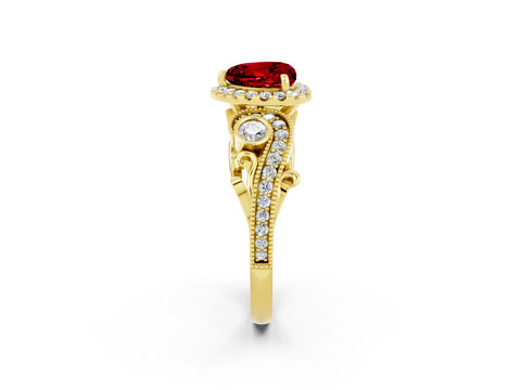 Yellow gold Heart Cut Ruby Halo Ring with Milgrain Pavé Band and Four-Prong Setting_14
