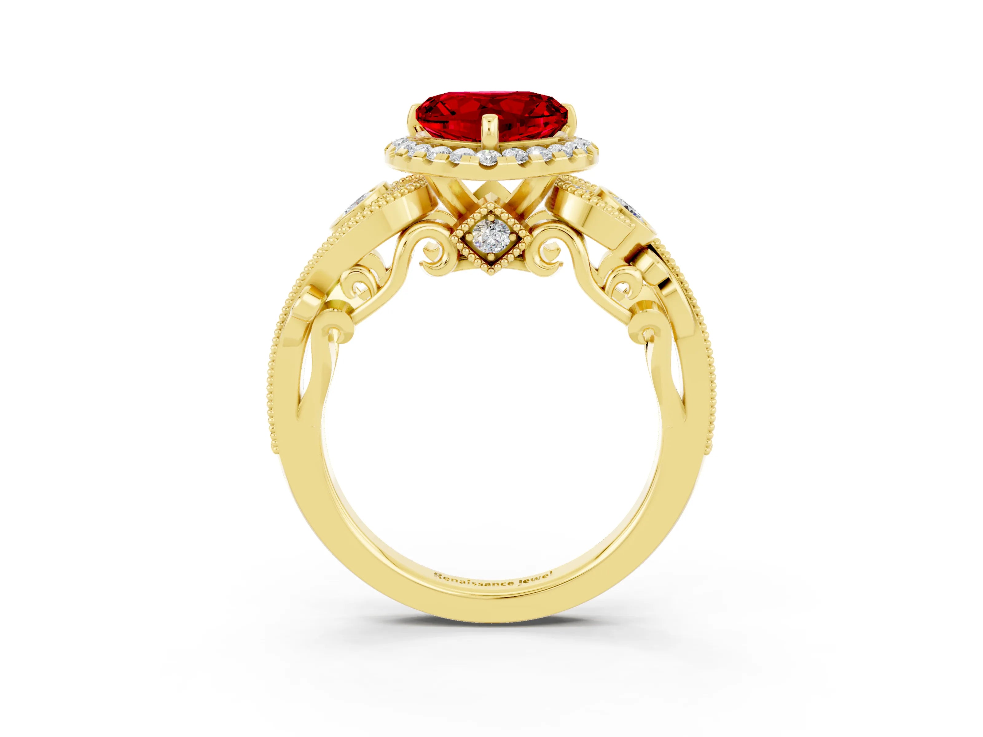 Yellow gold Heart Cut Ruby Halo Ring with Milgrain Pavé Band and Four-Prong Setting_15