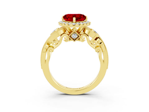 Yellow gold Heart Cut Ruby Halo Ring with Milgrain Pavé Band and Four-Prong Setting_15