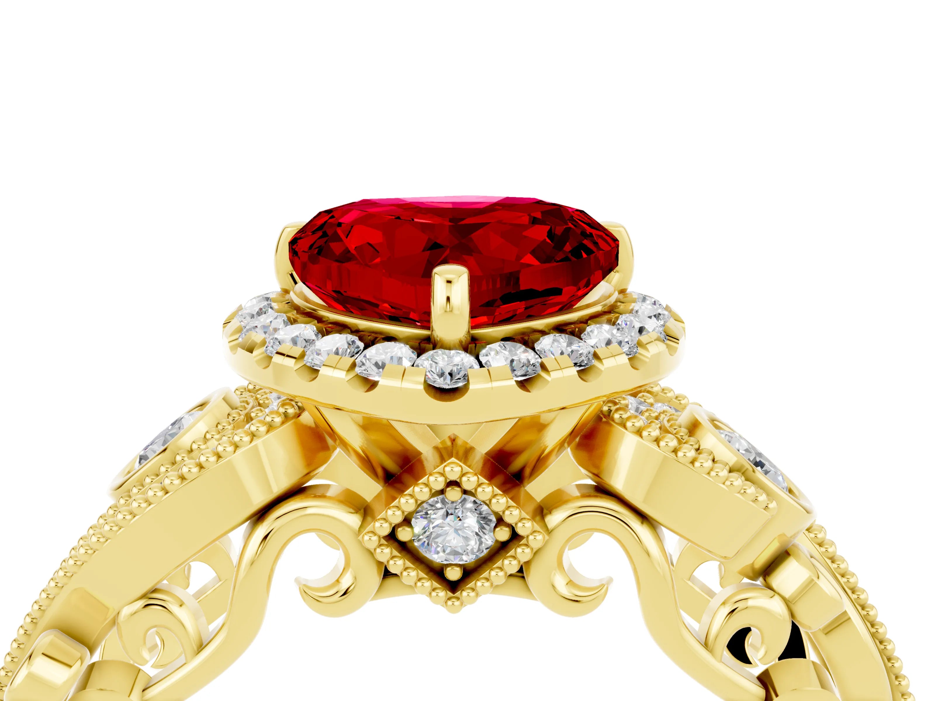 Yellow gold Heart Cut Ruby Halo Ring with Milgrain Pavé Band and Four-Prong Setting_16