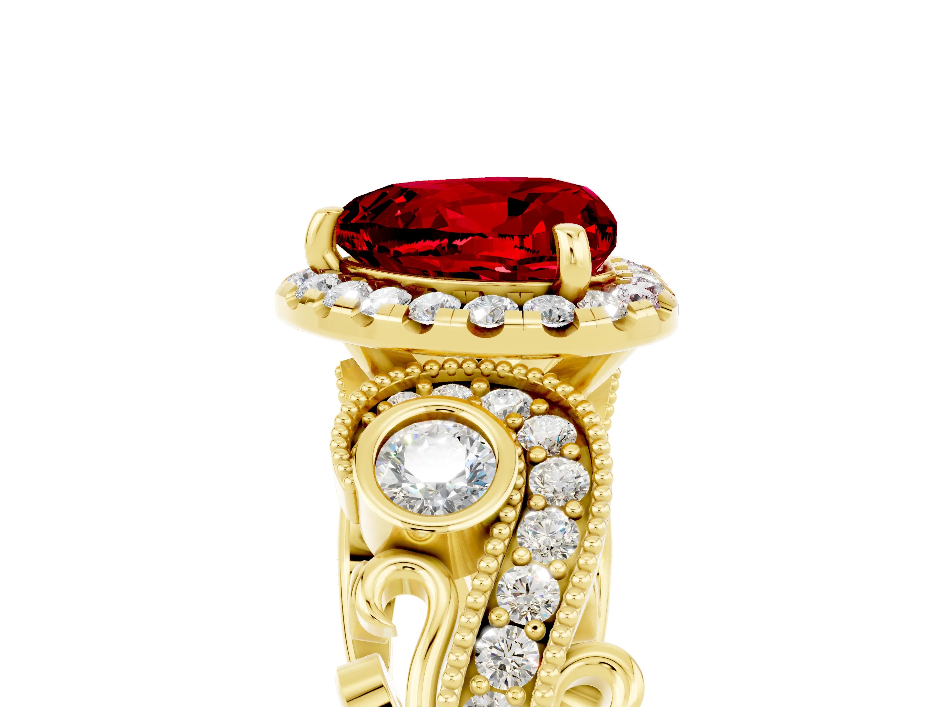 Yellow gold Heart Cut Ruby Halo Ring with Milgrain Pavé Band and Four-Prong Setting_17