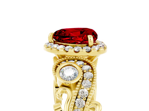 Yellow gold Heart Cut Ruby Halo Ring with Milgrain Pavé Band and Four-Prong Setting_17