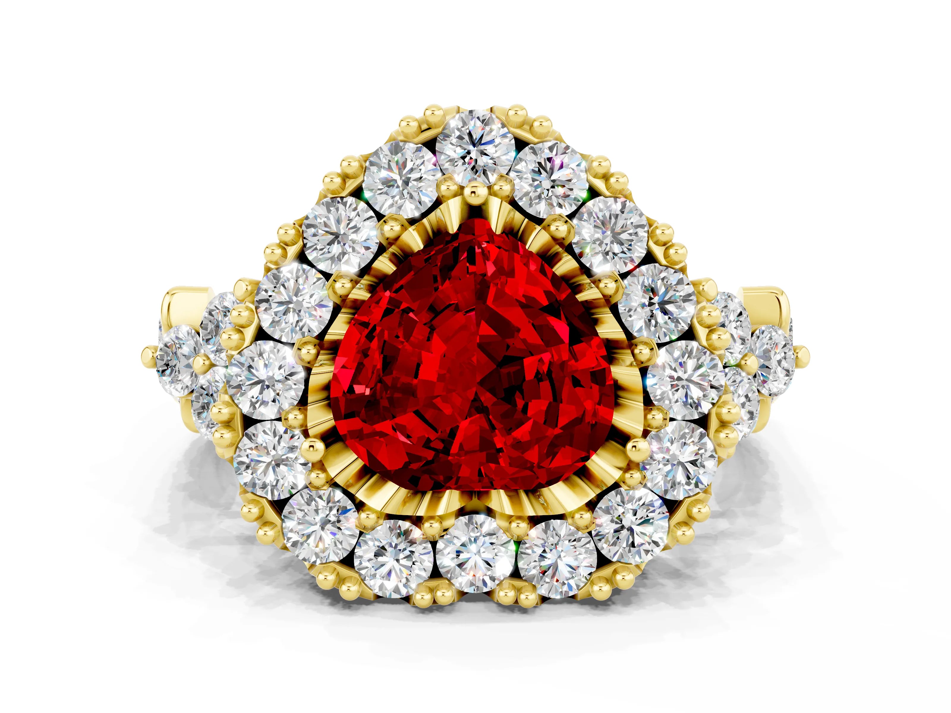 Yellow gold Heart Cut Ruby Halo Ring with Pavé Band and Four-Prong Setting_12