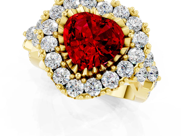 Yellow gold Heart Cut Ruby Halo Ring with Pavé Band and Four-Prong Setting