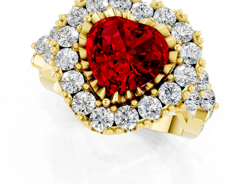Yellow gold Heart Cut Ruby Halo Ring with Pavé Band and Four-Prong Setting_13