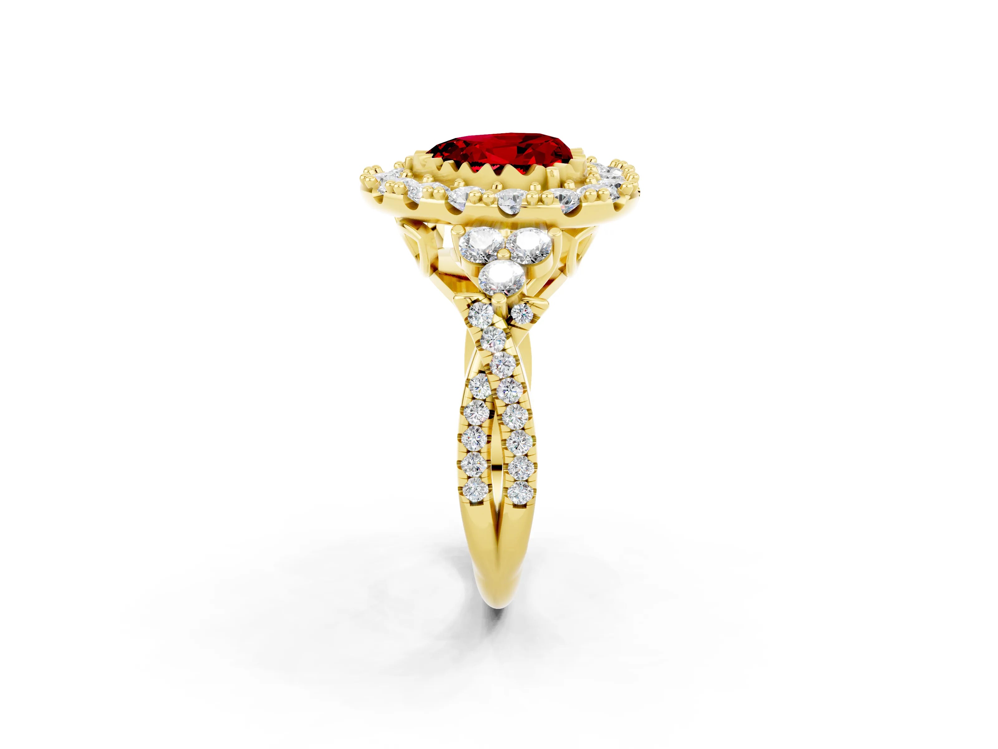 Yellow gold Heart Cut Ruby Halo Ring with Pavé Band and Four-Prong Setting_14