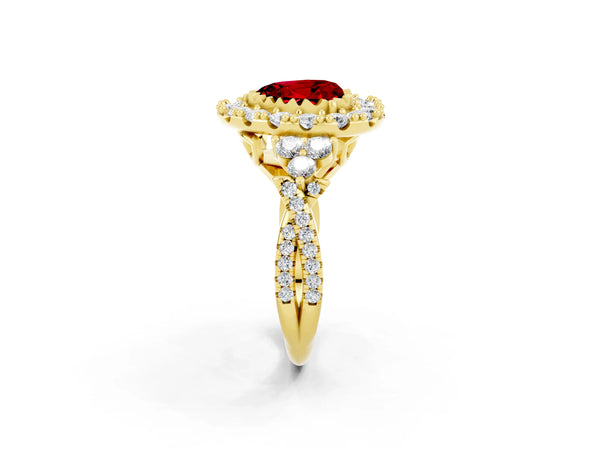 Yellow gold Heart Cut Ruby Halo Ring with Pavé Band and Four-Prong Setting