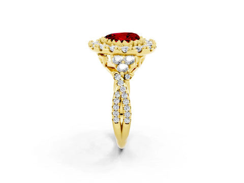 Yellow gold Heart Cut Ruby Halo Ring with Pavé Band and Four-Prong Setting_14