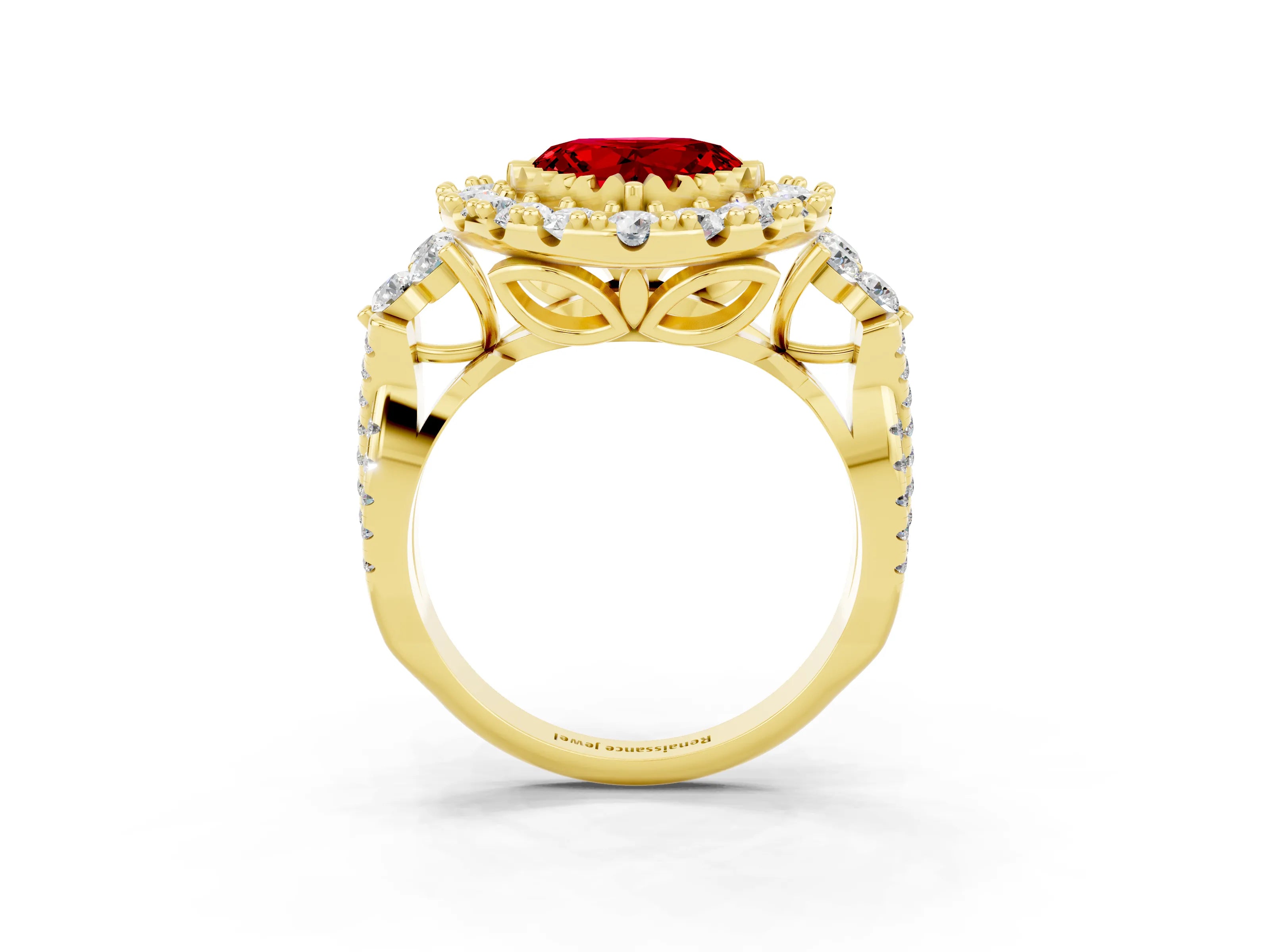 Yellow gold Heart Cut Ruby Halo Ring with Pavé Band and Four-Prong Setting_15