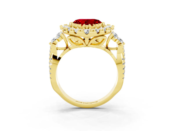 Yellow gold Heart Cut Ruby Halo Ring with Pavé Band and Four-Prong Setting