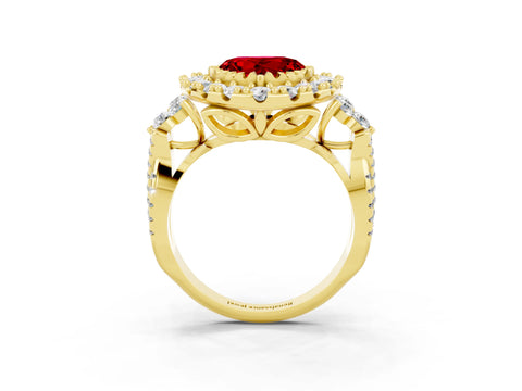 Yellow gold Heart Cut Ruby Halo Ring with Pavé Band and Four-Prong Setting_15