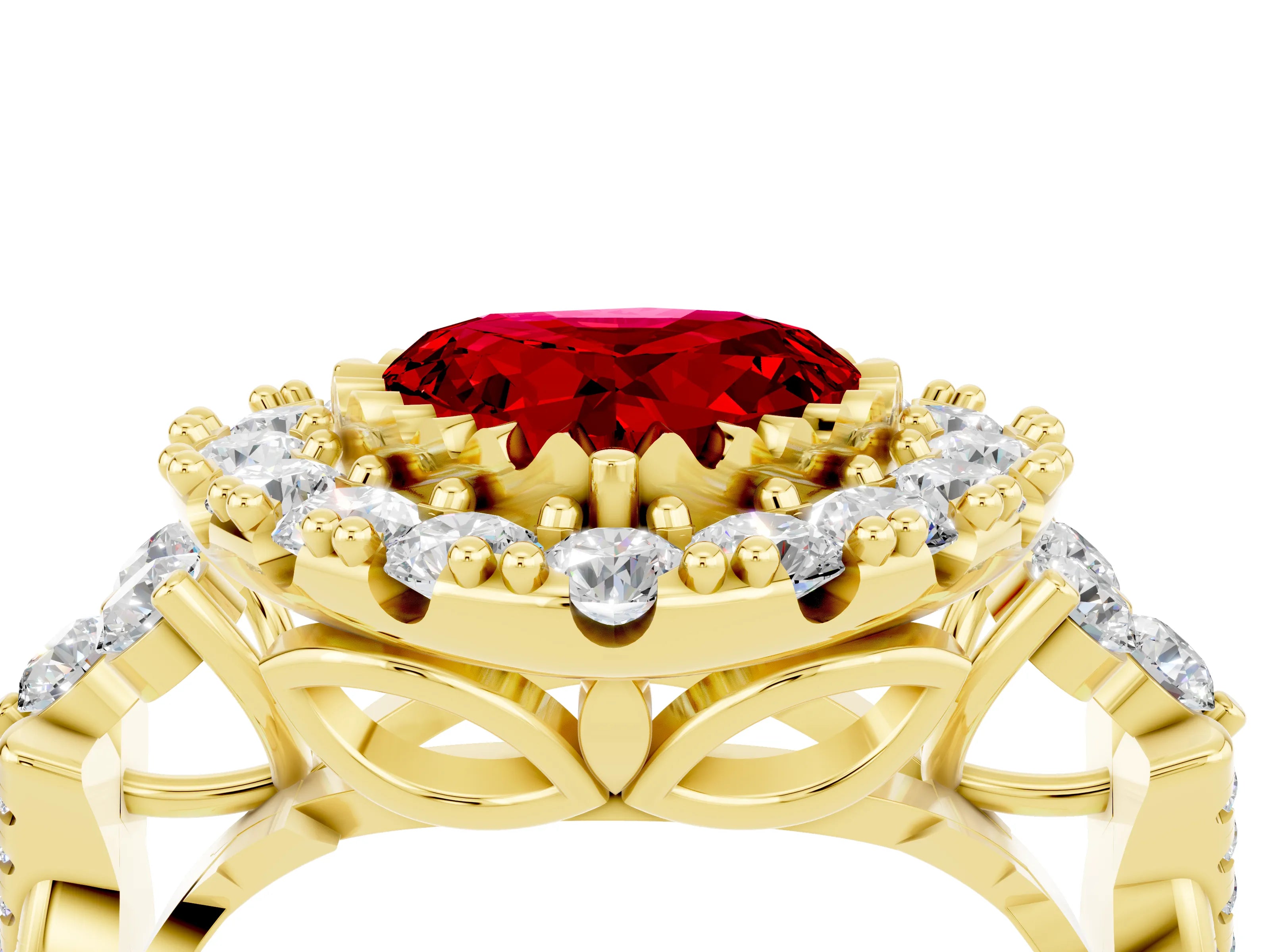 Yellow gold Heart Cut Ruby Halo Ring with Pavé Band and Four-Prong Setting_16