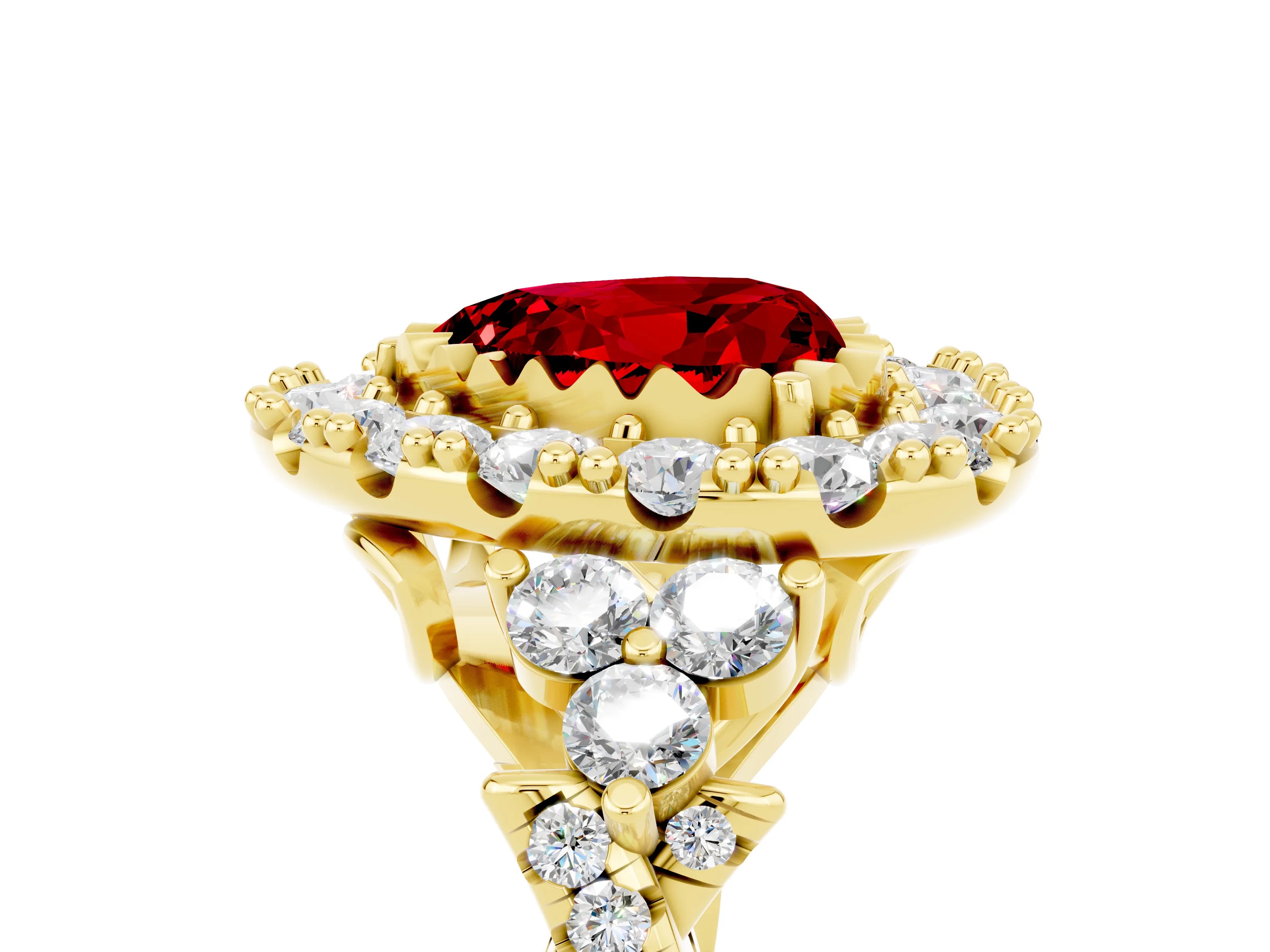 Yellow gold Heart Cut Ruby Halo Ring with Pavé Band and Four-Prong Setting_17